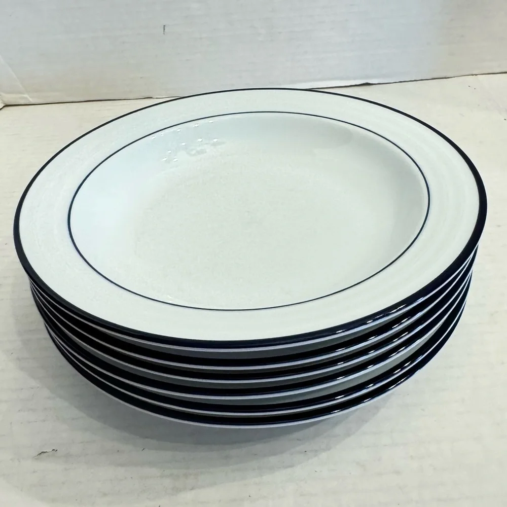 Lot of 2 Crate & Barrel Spal Porcelain Roulette Blue Trim 9” Soup Bowls